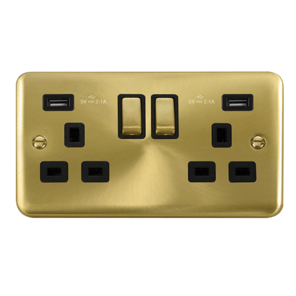 Click® Scolmore Deco Plus® DPSB580BK 13A Ingot 2 Gang Switched Socket With Twin 2.1A USB Outlets (4.2A) (Twin Earth) Satin Brass Black Insert