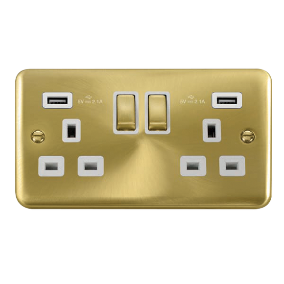 Click® Scolmore Deco Plus® DPSB580WH 13A Ingot 2 Gang Switched Socket With Twin 2.1A USB Outlets (4.2A) (Twin Earth) Satin Brass White Insert