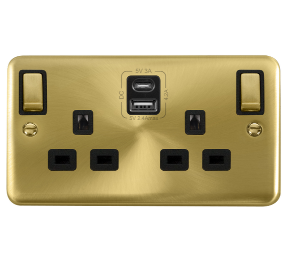 Click® Scolmore Deco Plus® DPSB586BK 13A Ingot 2 Gang Switched Safety Shutter Socket Outlet With Type A & C USB (4.2A) Outlets (Twin Earth) Satin Brass Black Insert