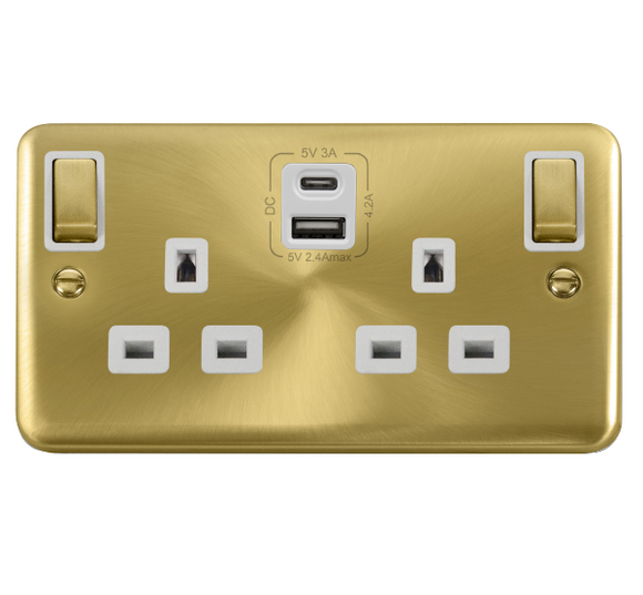 Click® Scolmore Deco Plus® DPSB586WH 13A Ingot 2 Gang Switched Safety Shutter Socket Outlet With Type A & C USB (4.2A) Outlets (Twin Earth) Satin Brass White Insert