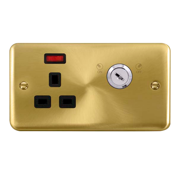 Click® Scolmore Deco Plus® DPSB655BK 13A Ingot 1 Gang DP Key Lockable Socket With Neon Satin Brass Black Insert