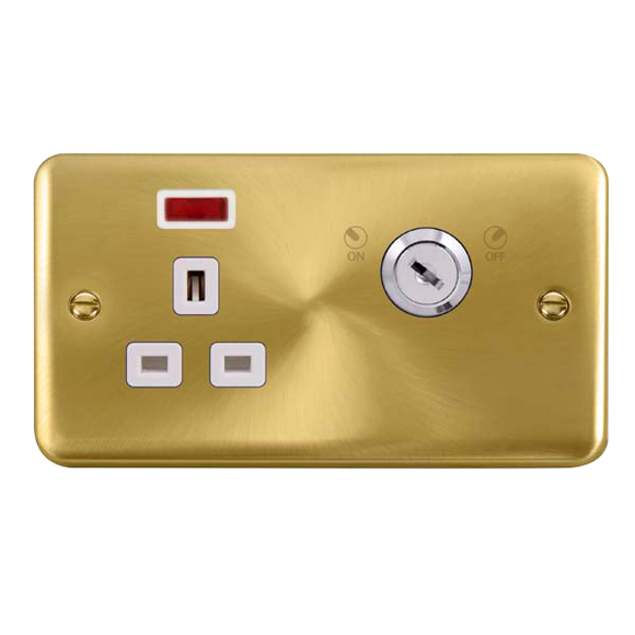 Click® Scolmore Deco Plus® DPSB655WH 13A Ingot 1 Gang DP Key Lockable Socket With Neon Satin Brass White Insert