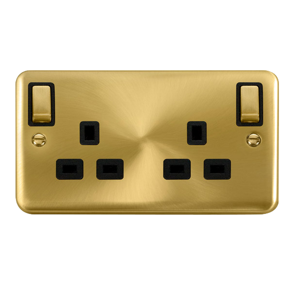 Click® Scolmore Deco Plus® DPSB836BK 13A Ingot 2 Gang DP Switched Socket With Outboard Rockers (Twin Earth) Satin Brass Black Insert