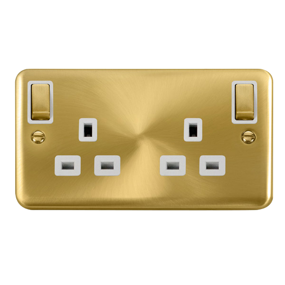 Click® Scolmore Deco Plus® DPSB836WH 13A Ingot 2 Gang DP Switched Socket With Outboard Rockers (Twin Earth) Satin Brass White Insert