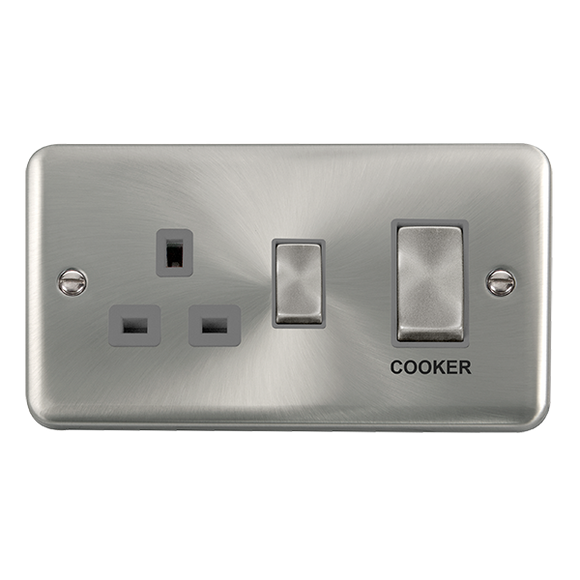 Click® Scolmore Deco Plus® DPSC504GY 45A Ingot 2 Gang DP Switch With 13A DP Switched Socket Satin Chrome Grey Insert