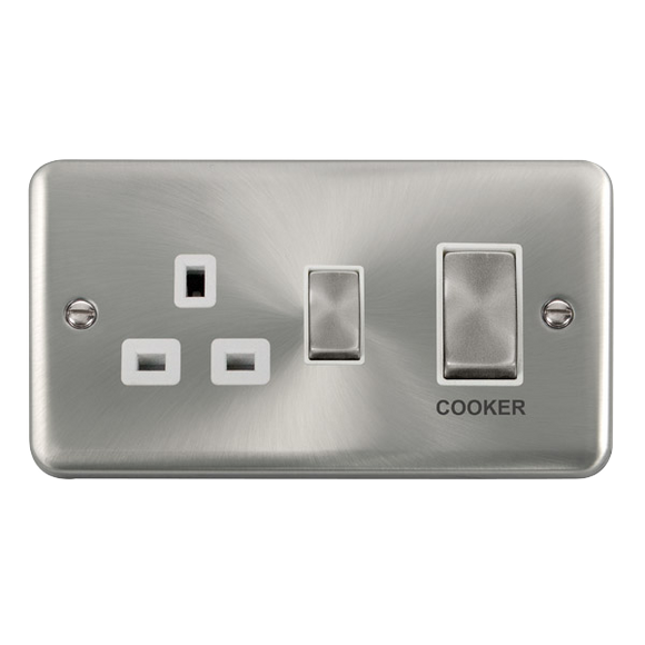 Click® Scolmore Deco Plus® DPSC504WH 45A Ingot 2 Gang DP Switch With 13A DP Switched Socket Satin Chrome White Insert
