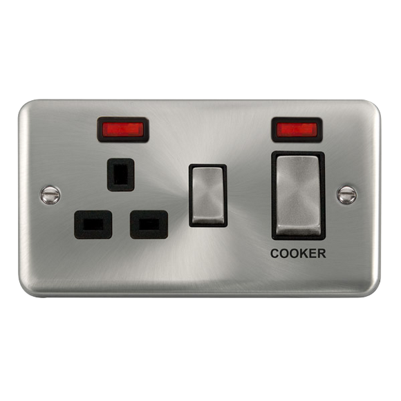 Click® Scolmore Deco Plus® DPSC505BK 45A Ingot 2 Gang DP Switch With 13A DP Switched Socket & Neons Satin Chrome Black Insert