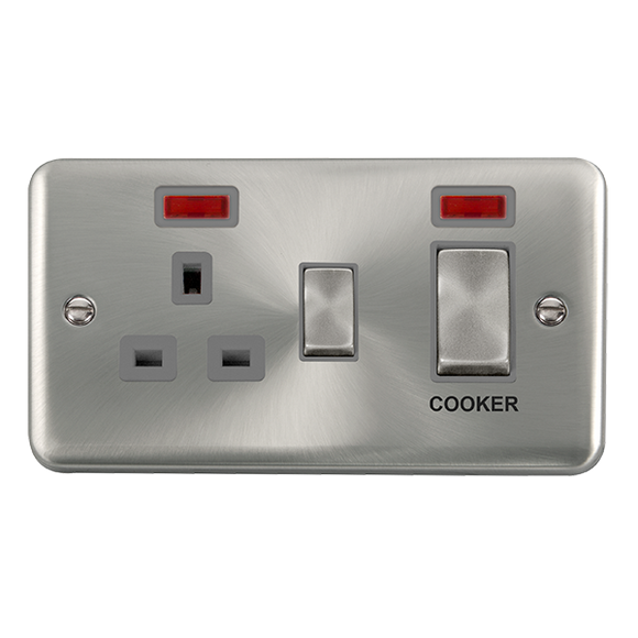 Click® Scolmore Deco Plus® DPSC505GY 45A Ingot 2 Gang DP Switch With 13A DP Switched Socket & Neons Satin Chrome Grey Insert