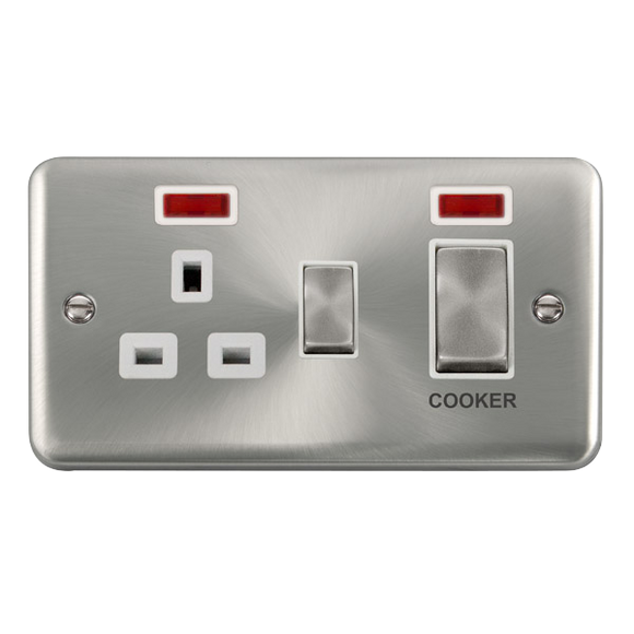 Click® Scolmore Deco Plus® DPSC505WH 45A Ingot 2 Gang DP Switch With 13A DP Switched Socket & Neons Satin Chrome White Insert