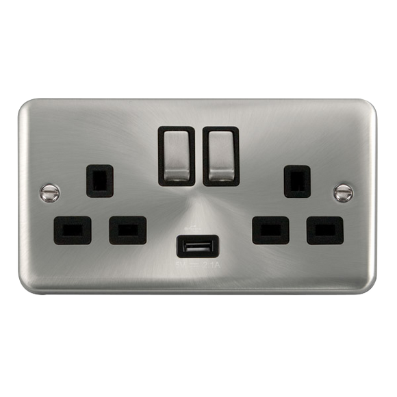 Click® Scolmore Deco Plus® DPSC570BK 13A Ingot 2 Gang Switched Socket With 2.1A USB Outlet (Twin Earth)  Satin Chrome Black Insert