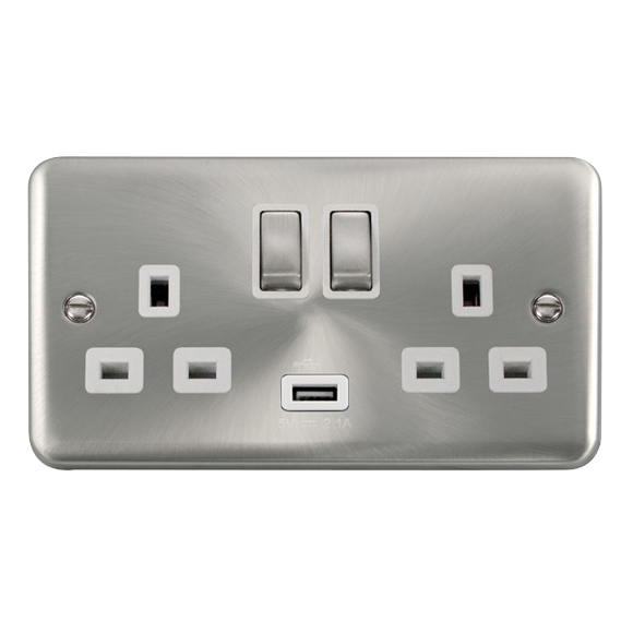 Click® Scolmore Deco Plus® DPSC570WH 13A Ingot 2 Gang Switched Socket With 2.1A USB Outlet (Twin Earth)  Satin Chrome White Insert