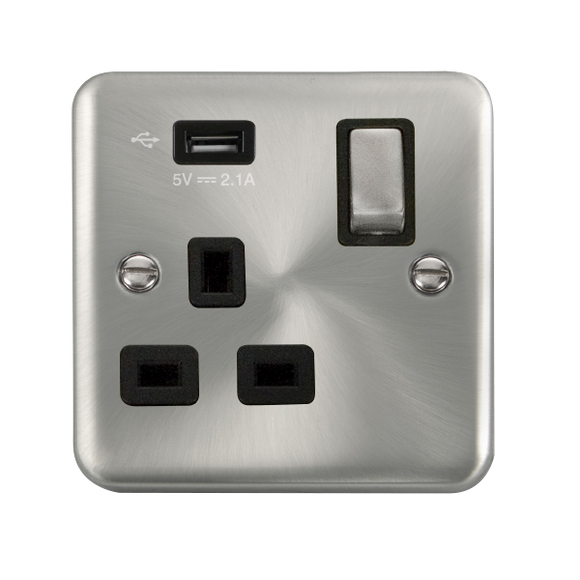 Click® Scolmore Deco Plus® DPSC571UBK 13A Ingot 1 Gang Switched Socket With 2.1A USB Outlet (Twin Earth) Satin Chrome Black Insert
