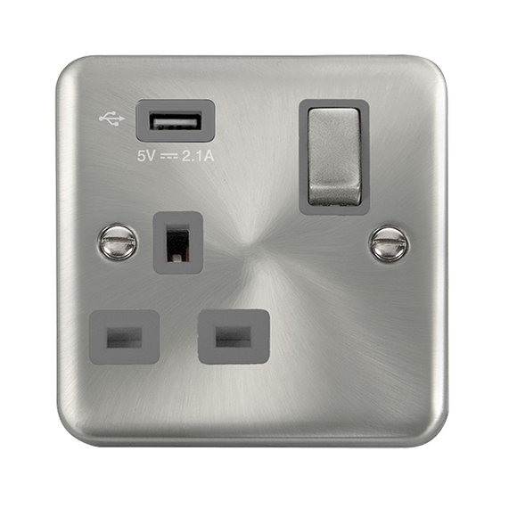 Click® Scolmore Deco Plus® DPSC571UGY 13A Ingot 1 Gang Switched Socket With 2.1A USB Outlet (Twin Earth) Satin Chrome Grey Insert