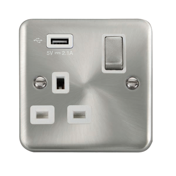 Click® Scolmore Deco Plus® DPSC571UWH 13A Ingot 1 Gang Switched Socket With 2.1A USB Outlet (Twin Earth) Satin Chrome White Insert