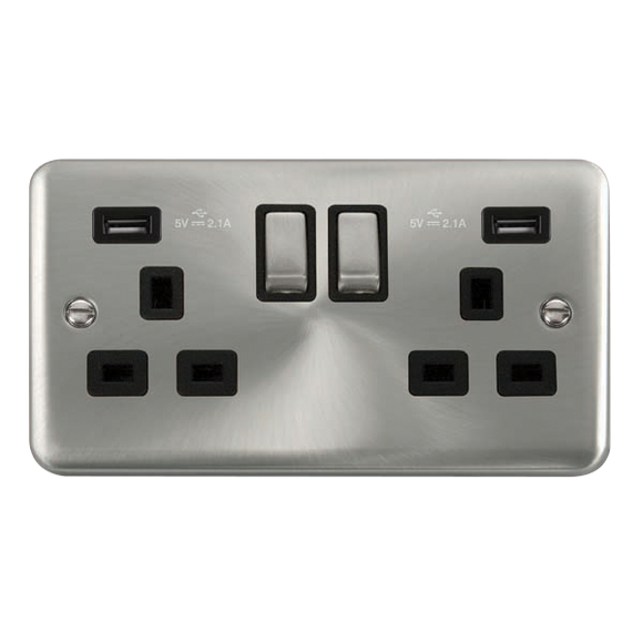 Click® Scolmore Deco Plus® DPSC580BK 13A Ingot 2 Gang Switched Socket With Twin 2.1A USB Outlets (4.2A) (Twin Earth) Satin Chrome Black Insert