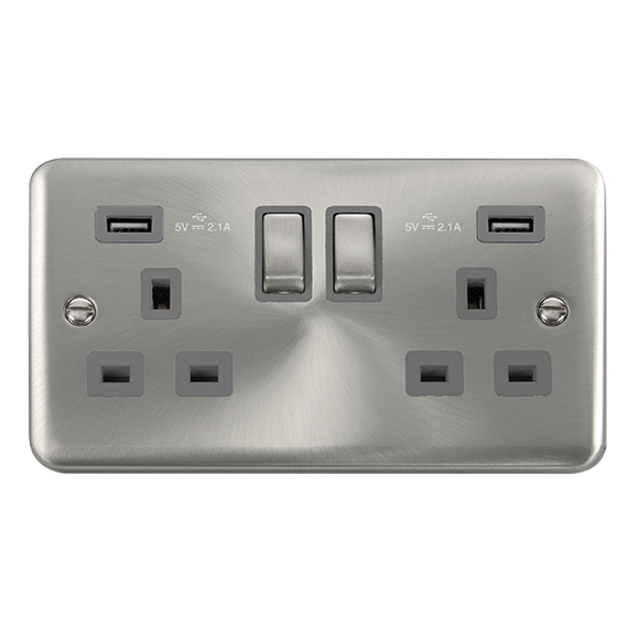 Click® Scolmore Deco Plus® DPSC580GY 13A Ingot 2 Gang Switched Socket With Twin 2.1A USB Outlets (4.2A) (Twin Earth) Satin Chrome Grey Insert
