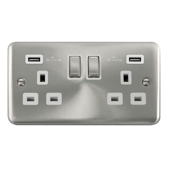 Click® Scolmore Deco Plus® DPSC580WH 13A Ingot 2 Gang Switched Socket With Twin 2.1A USB Outlets (4.2A) (Twin Earth) Satin Chrome White Insert
