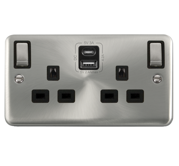 Click® Scolmore Deco Plus® DPSC586BK 13A Ingot 2 Gang Switched Safety Shutter Socket Outlet With Type A & C USB (4.2A) Outlets (Twin Earth) Satin Chrome Black Insert