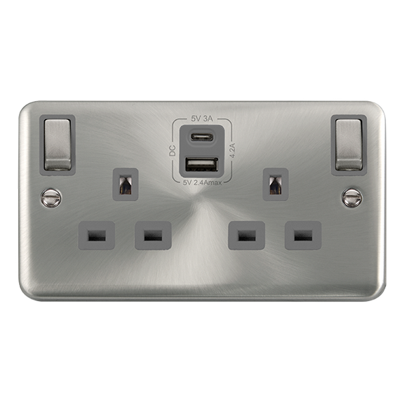 Click® Scolmore Deco Plus® DPSC586GY 13A Ingot 2 Gang Switched Safety Shutter Socket Outlet With Type A & C USB (4.2A) Outlets (Twin Earth) Satin Chrome Grey Insert