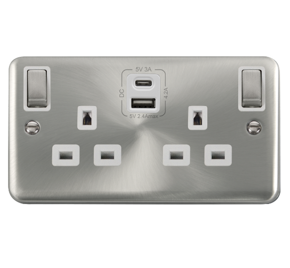 Click® Scolmore Deco Plus® DPSC586WH 13A Ingot 2 Gang Switched Safety Shutter Socket Outlet With Type A & C USB (4.2A) Outlets (Twin Earth) Satin Chrome White Insert