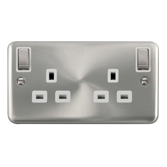Click® Scolmore Deco Plus® DPSC836WH 13A Ingot 2 Gang DP Switched Socket With Outboard Rockers (Twin Earth) Satin Chrome White Insert