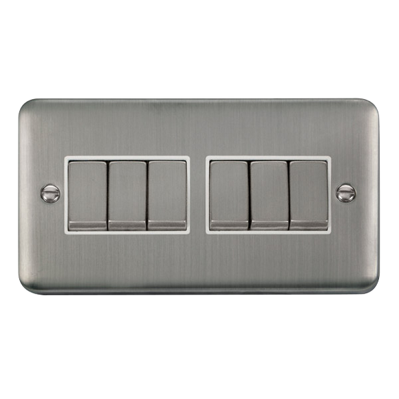 Click® Scolmore Deco Plus® DPSS416WH 10AX Ingot 6 Gang 2 Way Plate Switch  Stainless Steel White Insert
