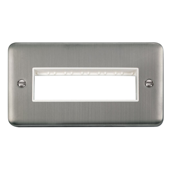 Click® Scolmore Deco Plus® DPSS426WH 2 Gang MiniGrid® Unfurnished Plate - 6 In-Line Apertures  Stainless Steel White Insert