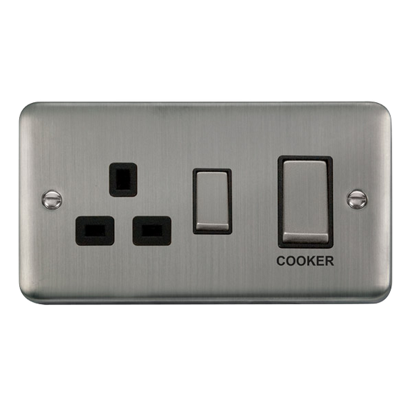 Click® Scolmore Deco Plus® DPSS504BK 45A Ingot 2 Gang DP Switch With 13A DP Switched Socket  Stainless Steel Black Insert