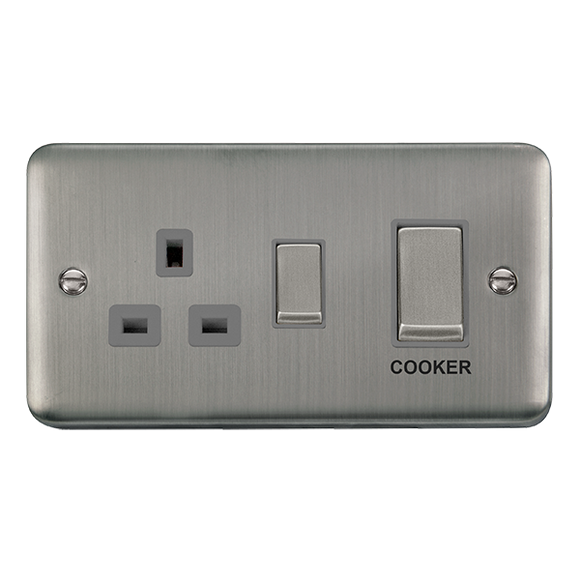 Click® Scolmore Deco Plus® DPSS504GY 45A Ingot 2 Gang DP Switch With 13A DP Switched Socket  Stainless Steel Grey Insert