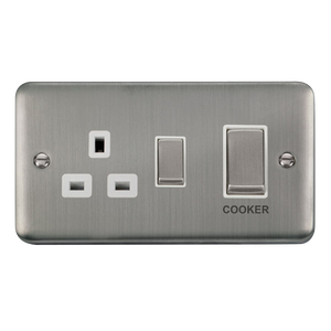 Click® Scolmore Deco Plus® DPSS504WH 45A Ingot 2 Gang DP Switch With 13A DP Switched Socket  Stainless Steel White Insert