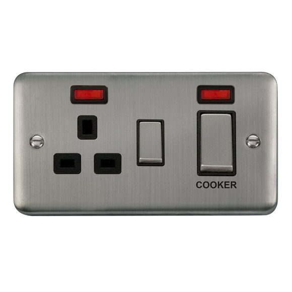 Click® Scolmore Deco Plus® DPSS505BK 45A Ingot 2 Gang DP Switch With 13A DP Switched Socket & Neons  Stainless Steel Black Insert