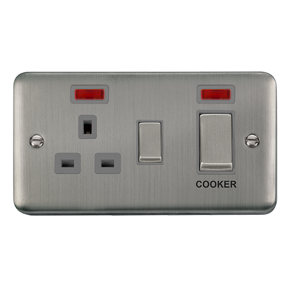 Click® Scolmore Deco Plus® DPSS505GY 45A Ingot 2 Gang DP Switch With 13A DP Switched Socket & Neons  Stainless Steel Grey Insert