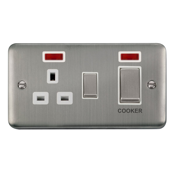 Click® Scolmore Deco Plus® DPSS505WH 45A Ingot 2 Gang DP Switch With 13A DP Switched Socket & Neons Stainless Steel White Insert