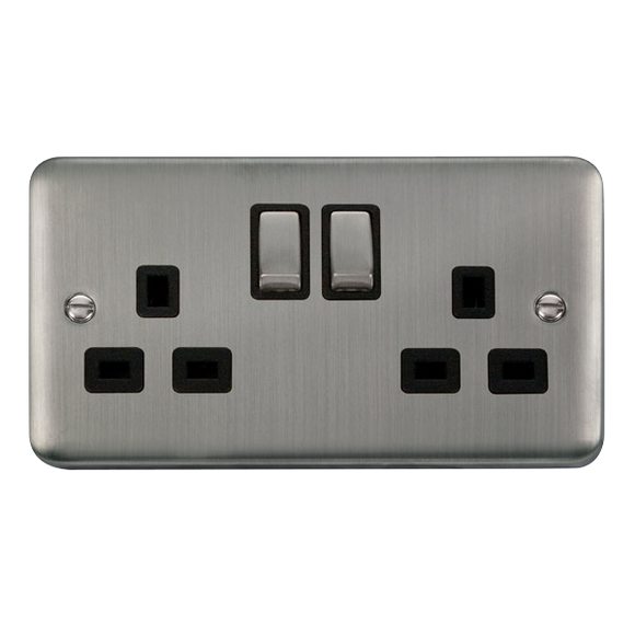 Click® Scolmore Deco Plus® DPSS536BK 13A Ingot 2 Gang DP Switched Socket (Twin Earth) Stainless Steel Black Insert