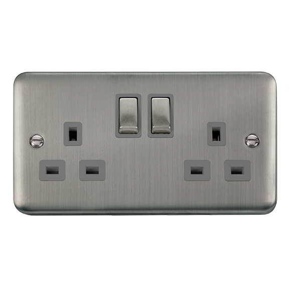Click® Scolmore Deco Plus® DPSS536GY 13A Ingot 2 Gang DP Switched Socket (Twin Earth) Stainless Steel Grey Insert