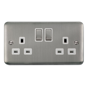 Click® Scolmore Deco Plus® DPSS536WH 13A Ingot 2 Gang DP Switched Socket (Twin Earth) Stainless Steel White Insert