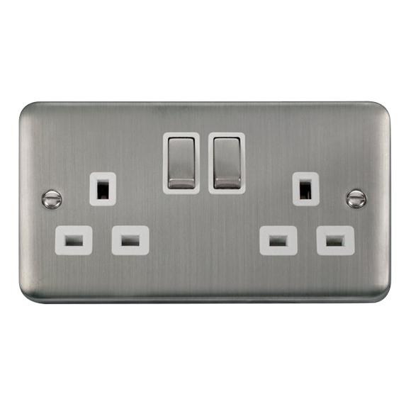 Click® Scolmore Deco Plus® DPSS536WH 13A Ingot 2 Gang DP Switched Socket (Twin Earth) Stainless Steel White Insert