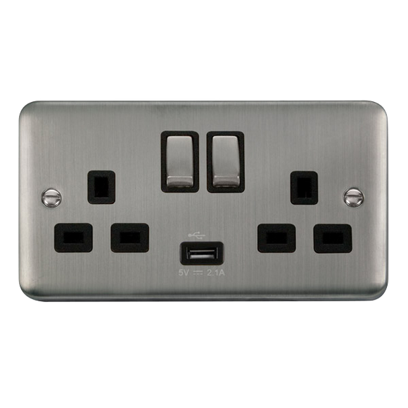 Click® Scolmore Deco Plus® DPSS570BK 13A Ingot 2 Gang Switched Sockets With 2.1A USB Outlet (Twin Earth) Stainless Steel Black Insert