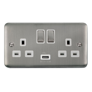 Click® Scolmore Deco Plus® DPSS570WH 13A Ingot 2 Gang Switched Sockets With 2.1A USB Outlet (Twin Earth)  Stainless Steel White Insert