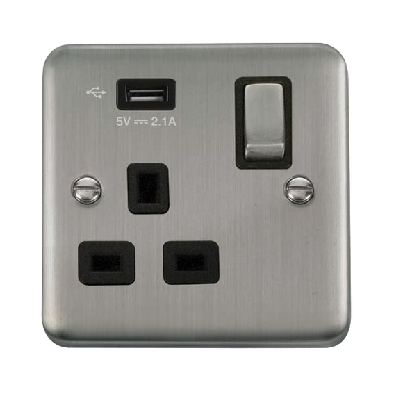 Click® Scolmore Deco Plus® DPSS571UBK 13A Ingot 1 Gang Switched Socket With 2.1A USB Outlet (Twin Earth) Stainless Steel Black Insert