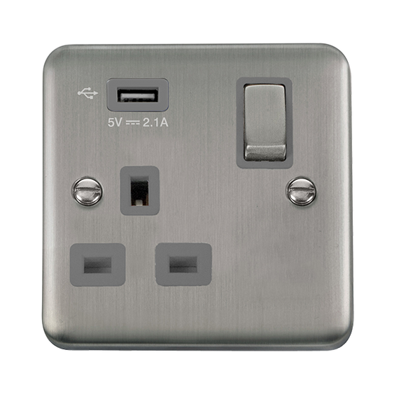 Click® Scolmore Deco Plus® DPSS571UGY 13A Ingot 1 Gang Switched Socket With 2.1A USB Outlet (Twin Earth) Stainless Steel Grey Insert