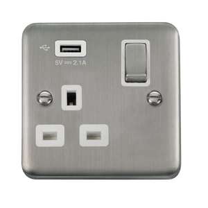 Click® Scolmore Deco Plus® DPSS571UWH 13A Ingot 1 Gang Switched Socket With 2.1A USB Outlet (Twin Earth) Stainless Steel White Insert