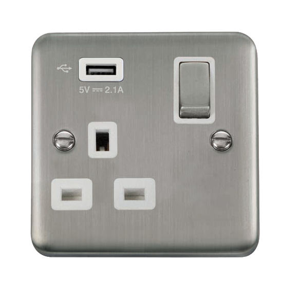 Click® Scolmore Deco Plus® DPSS571UWH 13A Ingot 1 Gang Switched Socket With 2.1A USB Outlet (Twin Earth) Stainless Steel White Insert