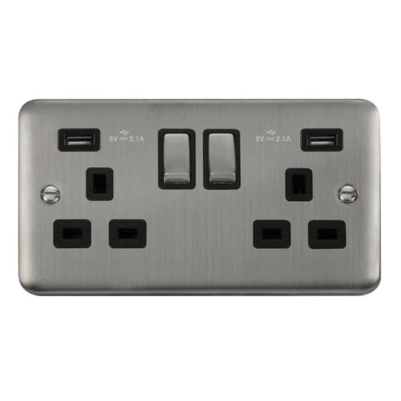 Click® Scolmore Deco Plus® DPSS580BK 13A Ingot 2 Gang Switched Socket With Twin 2.1A USB Outlets (4.2A) (Twin Earth) Stainless Steel Black Insert
