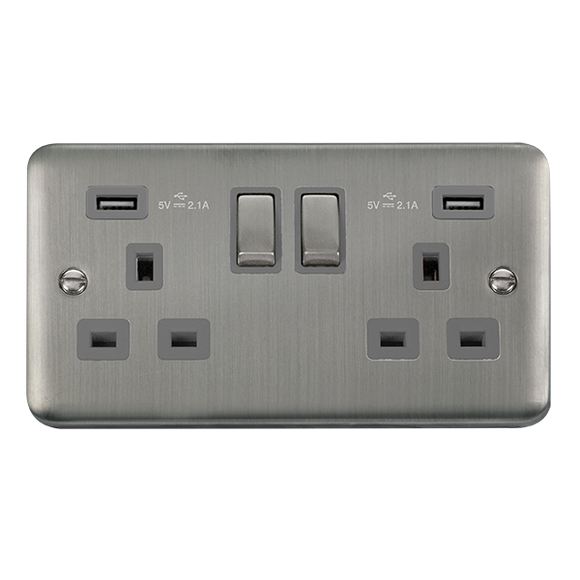Click® Scolmore Deco Plus® DPSS580GY 13A Ingot 2 Gang Switched Socket With Twin 2.1A USB Outlets (4.2A) (Twin Earth) Stainless Steel Grey Insert