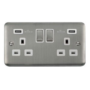 Click® Scolmore Deco Plus® DPSS580WH 13A Ingot 2 Gang Switched Socket With Twin 2.1A USB Outlets (4.2A) (Twin Earth) Stainless Steel White Insert
