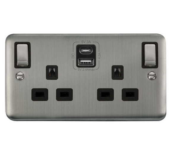 Click® Scolmore Deco Plus® DPSS586BK 13A Ingot 2 Gang Switched Safety Shutter Socket Outlet With Type A & C USB (4.2A) Outlets (Twin Earth) Stainless Steel Black Insert