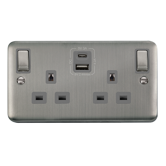 Click® Scolmore Deco Plus® DPSS586GY 13A Ingot 2 Gang Switched Safety Shutter Socket Outlet With Type A & C USB (4.2A) Outlets (Twin Earth) Stainless Steel Grey Insert