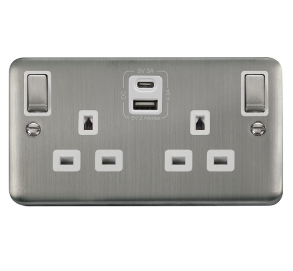 Click® Scolmore Deco Plus® DPSS586WH 13A Ingot 2 Gang Switched Safety Shutter Socket Outlet With Type A & C USB (4.2A) Outlets (Twin Earth) Stainless Steel White Insert