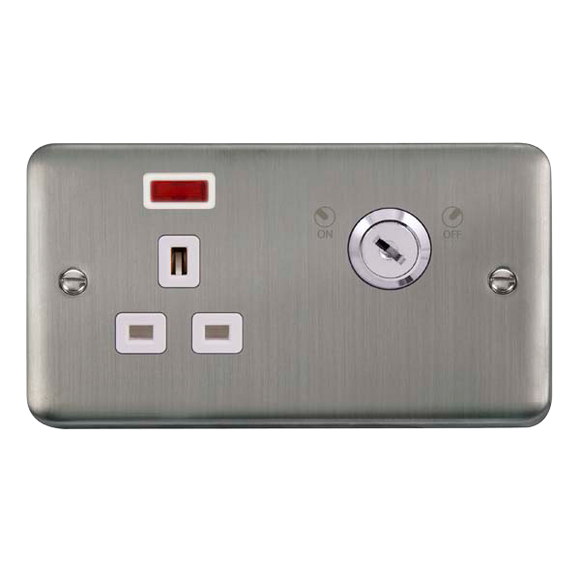 Click® Scolmore Deco Plus® DPSS655WH 13A Ingot 1 Gang DP Key Lockable Socket With Neon Stainless Steel White Insert